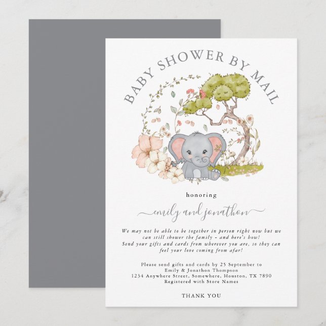 Elephant Jungle Foliage Gray Baby Shower by Mail Invitation (Front/Back)