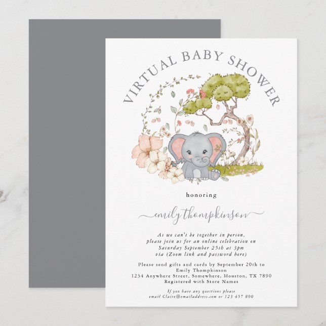 Elephant Jungle Foliage Gray Virtual Baby Shower Invitation (Front/Back)
