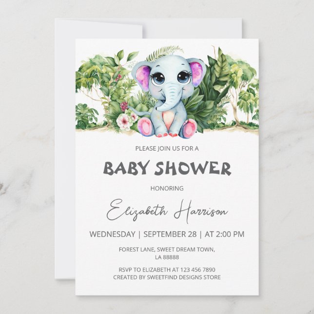 Elephant Jungle Girl Baby Shower Invitation (Front)