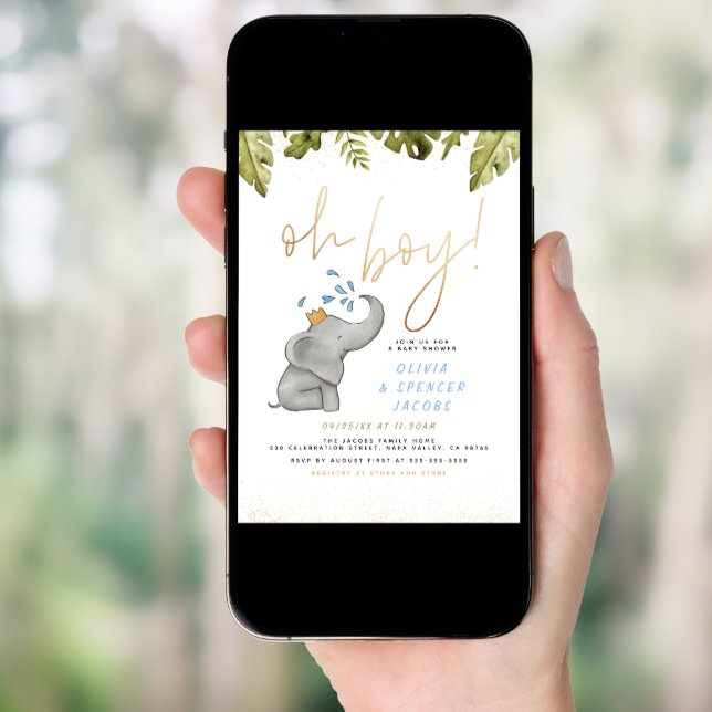 Elephant & Jungle Greenery Gold Oh Boy Baby Shower Invitation (Front Digital)