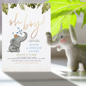 Elephant & Jungle Greenery Gold Oh Boy Baby Shower Invitation