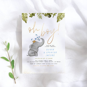 Elephant & Jungle Greenery Gold Oh Boy Baby Shower Invitation