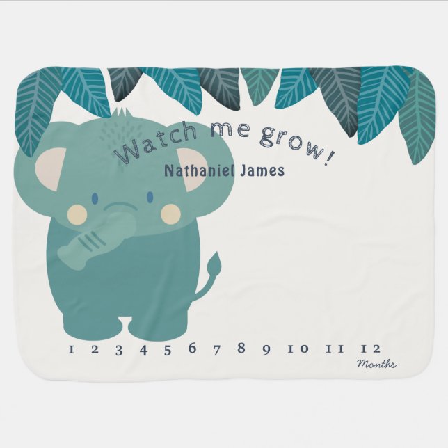 Elephant Jungle Leaves Monthly Milestone Baby Blanket (Horizontal)