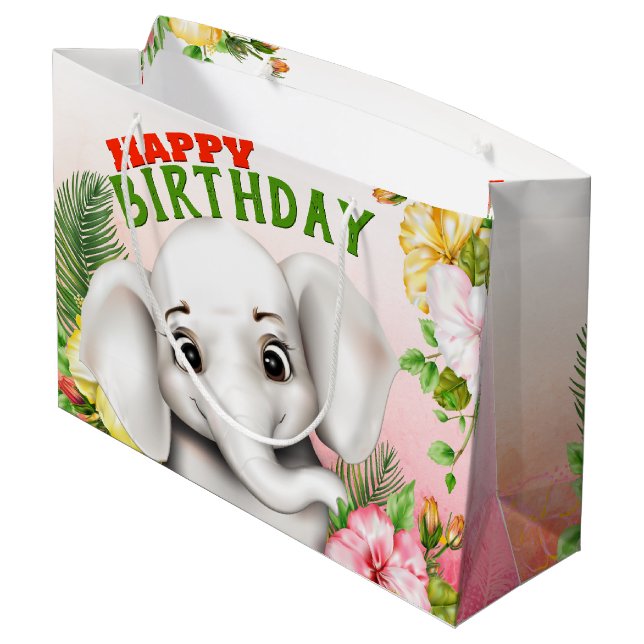 Elephant Jungle Safari Birthday Large Gift Bag (Back Angled)