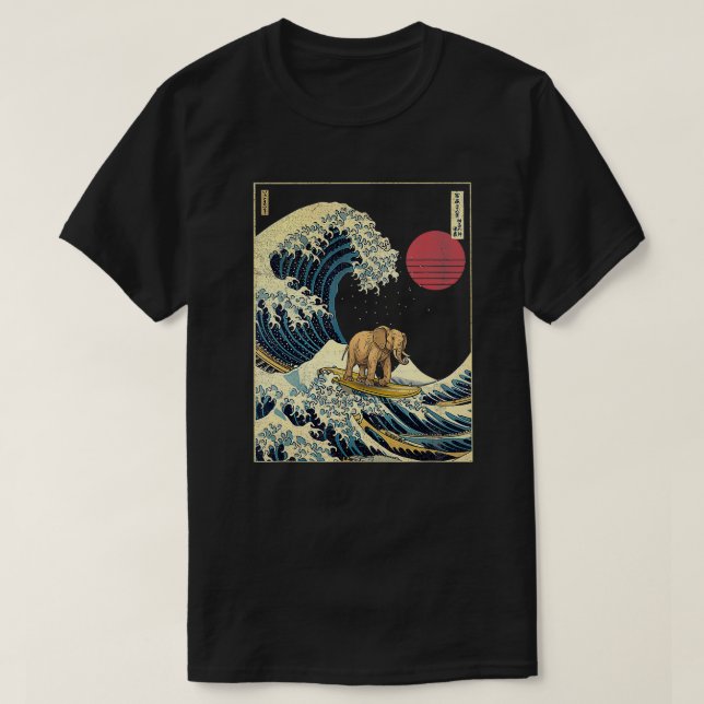 Elephant Kanagawa Wave Funny Surf Animal  T-Shirt (Design Front)