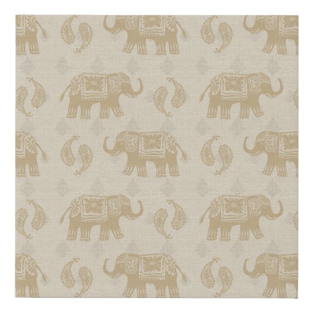 Elephant Khaki Caravan Pattern Faux Canvas Print (Front)
