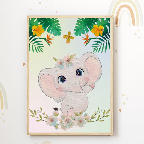 Elephant Kids Room Poster Floral Nursery Print