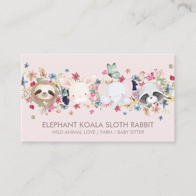 ELEPHANT KOALA SLOTH RABBIT BABY ANIMAL PINK BUSINESS CARD