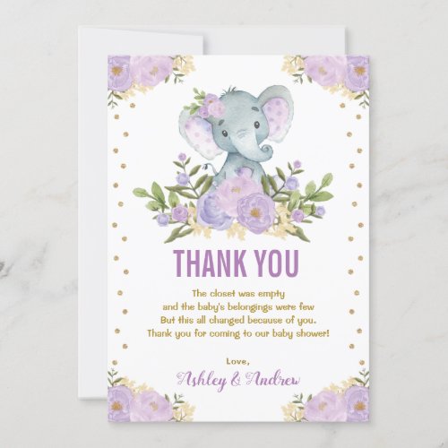 Elephant Lavender Purple Gold Floral Baby Shower Thank You Card