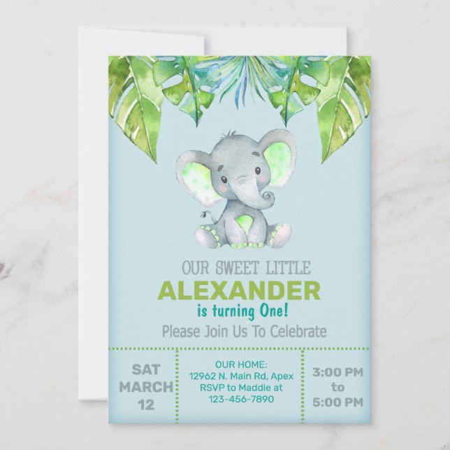 Elephant & leaves boy birthday invitation, invite. invitation (Front)