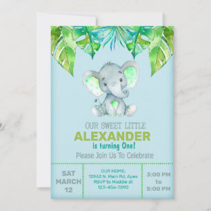 Elephant & leaves boy birthday invitation, invite. invitation