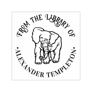Elephant Line Art Round Library Book Name Self-inking Stamp