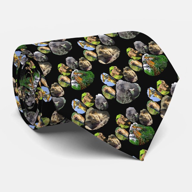 Elephant, Lion, Giraffe Footprint Collage Neck Tie (Rolled)