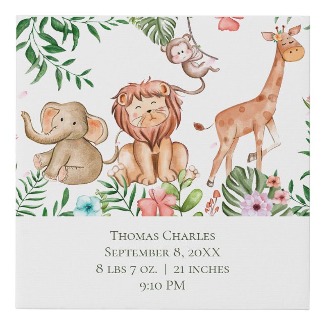 Elephant Lion Monkey Giraffe Birth Stats Baby Boy  Faux Canvas Print (Front)
