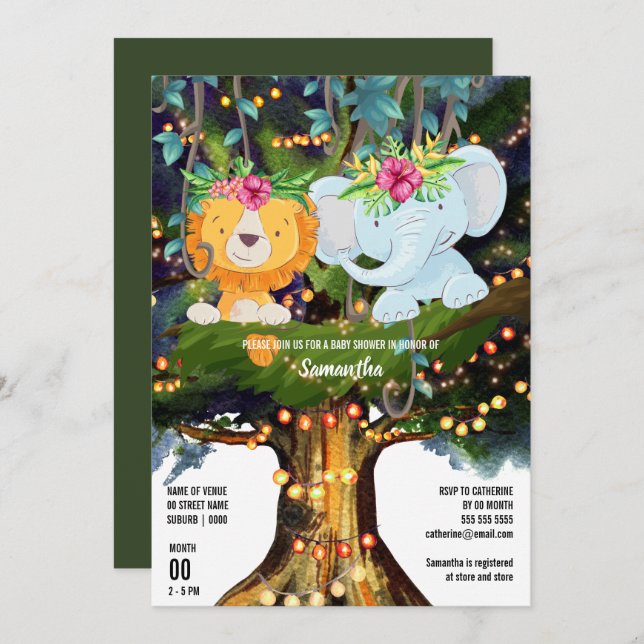Elephant lion tropical jungle tree string lights  invitation (Front/Back)