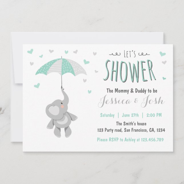 Elephant Little Peanut Baby Shower Invitation Mint (Front)