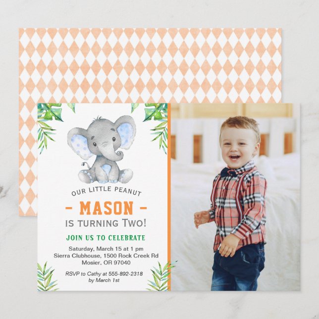 Elephant Little Peanut Boy Birthday Party Photo Invitation (Front/Back)