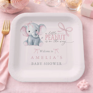 Elephant 'Little Peanut' Pink Bow Baby Girl Shower Paper Plates