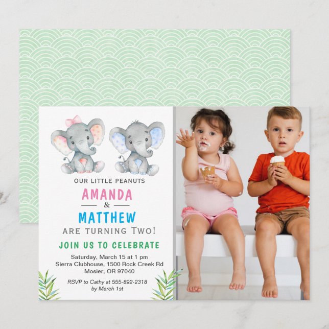 Elephant Little Peanut Twin Boy Girl Birthday Invitation (Front/Back)