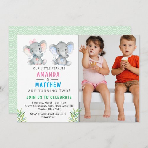 Elephant Little Peanut Twin Boy Girl Birthday Invitation