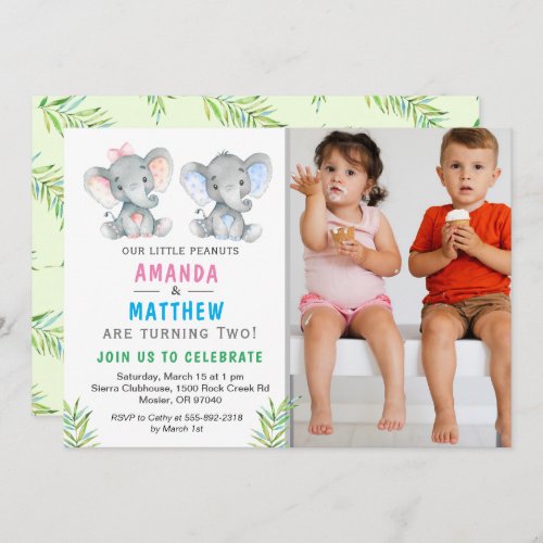 Elephant Little Peanut Twin Boy Girl Birthday Invitation