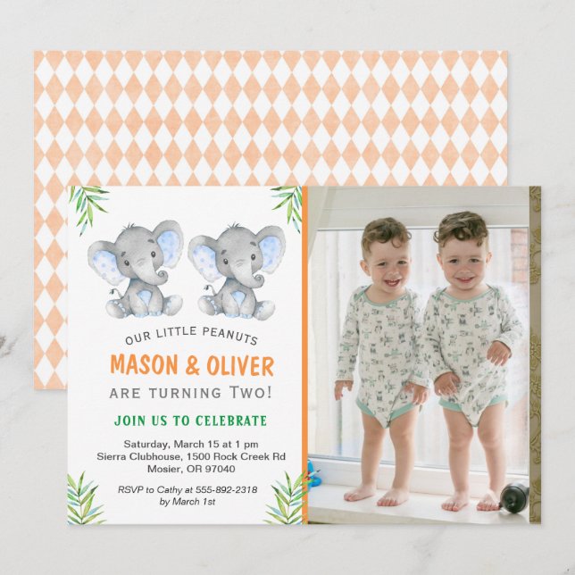 Elephant Little Peanuts Twin Boys Birthday Party Invitation (Front/Back)