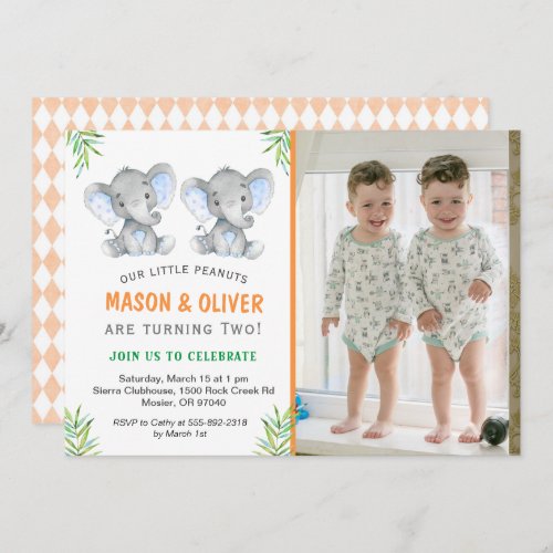 Elephant Little Peanuts Twin Boys Birthday Party Invitation