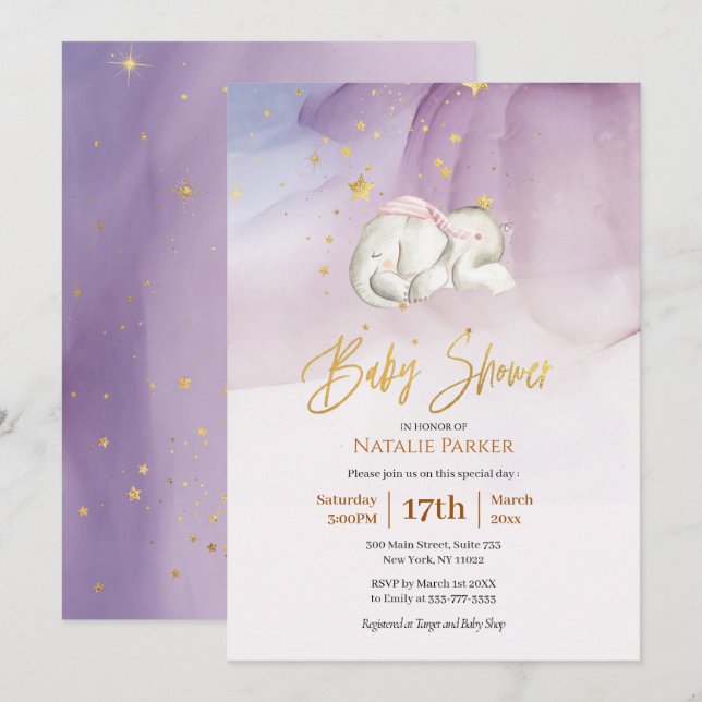 Elephant Little Star Watercolor Baby Shower Invitation (Front/Back)