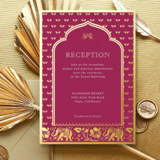 Elephant & Lotus Flower Indian Wedding Reception Foil Invitation