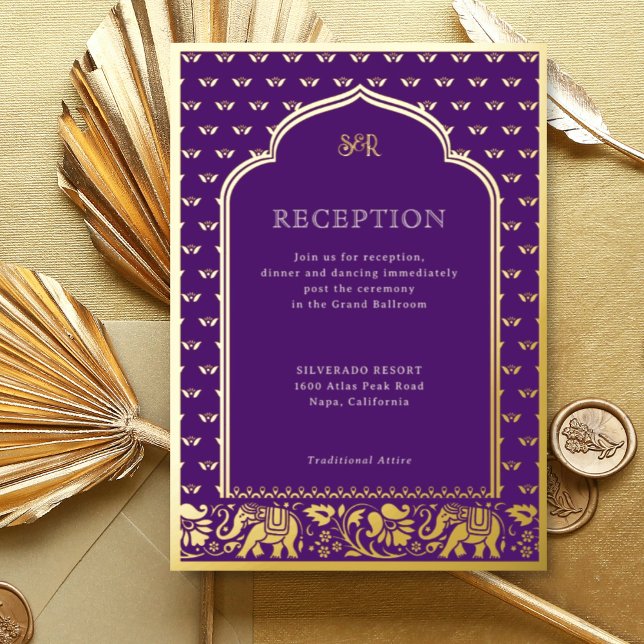 Elephant & Lotus Flower Indian Wedding Reception Foil Invitation (Purple Indian wedding invitation with elephant and lotus flower motif, hindu wedding invitation card)