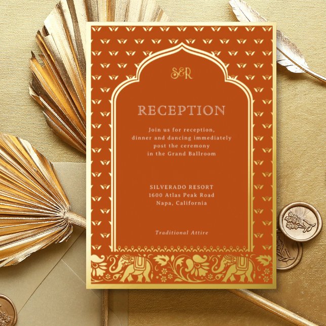 Elephant & Lotus Flower Indian Wedding Reception Foil Invitation (Orange Indian wedding invitation with elephant and lotus flower motif, hindu wedding invitation card)