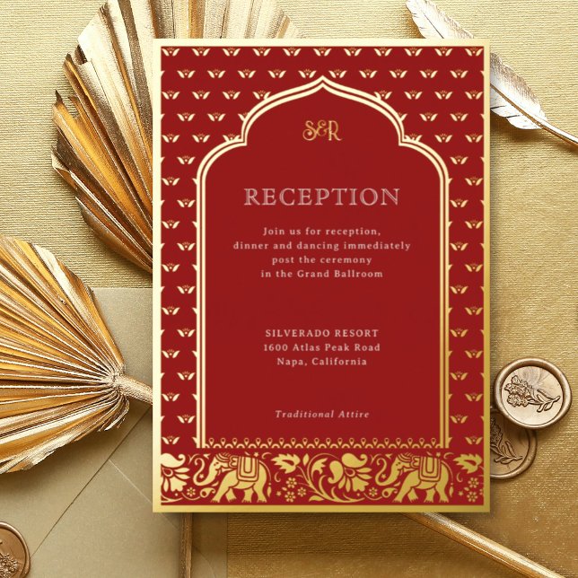 Elephant & Lotus Flower Indian Wedding Reception Foil Invitation (Red Indian wedding invitation with elephant and lotus flower motif, hindu wedding invitation card)