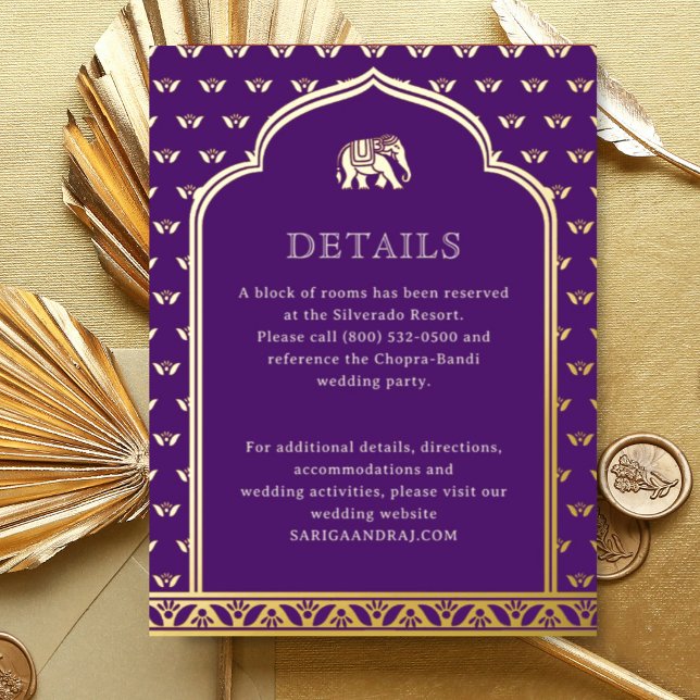 Elephant & Lotus Wedding Details Information Card (Purple Indian wedding invitation hotel information details enclosure card Lotus flower hindu wedding)