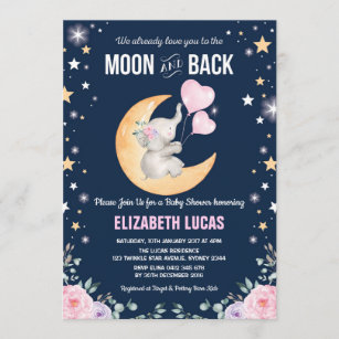 Elephant Love You To the Moon and Back Baby Shower Invitation