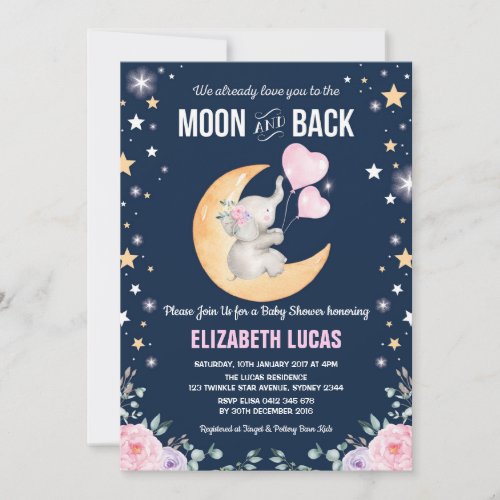 Elephant Love You To the Moon and Back Baby Shower Invitation