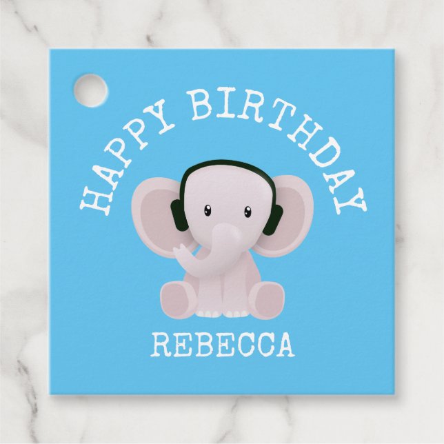 Elephant loves music favor tags (Front)