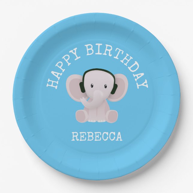 Elephant loves music paper plates (Front)