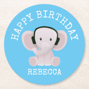 Elephant loves music round paper coaster