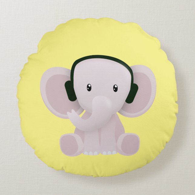 Elephant loves music round pillow (Front)