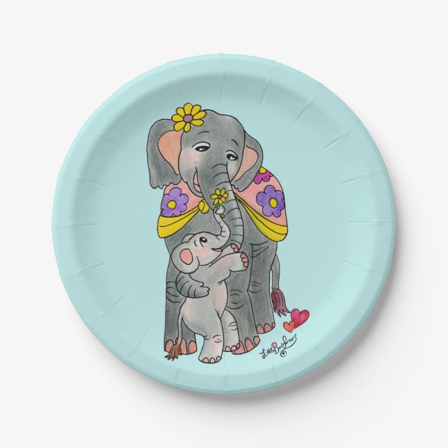 Elephant Mama and Baby Party Plates Blue (Front)