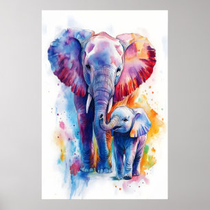 Elephant Mama and Baby Watercolor Print, Nursery Poster