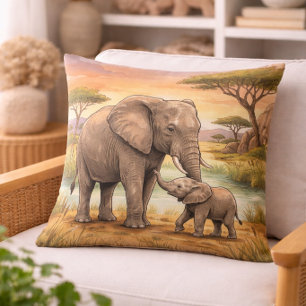 Elephant Mama And Calf Safari Animals Throw Pillow