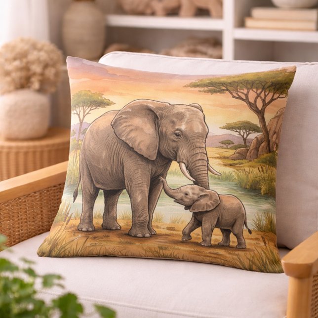 Elephant Mama And Calf Safari Animals  Throw Pillow (Creator Uploaded)