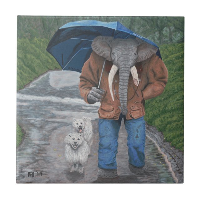 Elephant Man Walking Dogs Fantasy Art Ceramic Tile (Front)