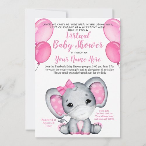 Elephant Mask Virtual Shower Baby Girl Invitation