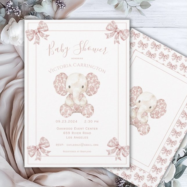 Elephant Mauve Toile Vintage Baby Shower Invitation (Creator Uploaded)