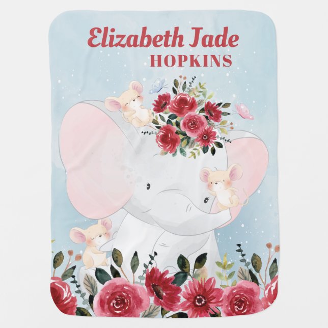 Elephant Mice with Burgundy Maroon Flowers + Name Baby Blanket (Front)