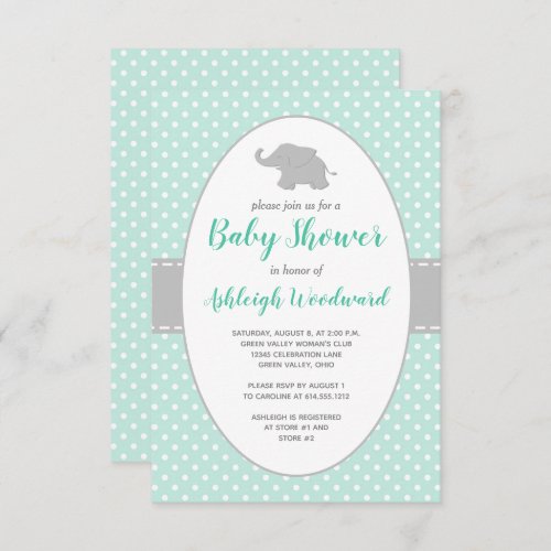 Elephant Mint Green Gray Polka Dot Baby Shower Invitation