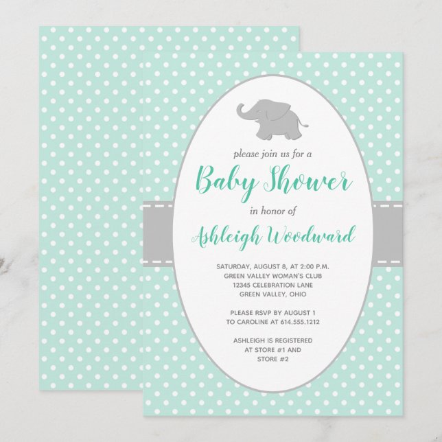 Elephant Mint Green Gray Polka Dot Baby Shower Invitation (Front/Back)