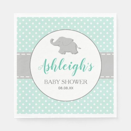 Elephant Mint Green Gray Polka Dot Baby Shower Napkin